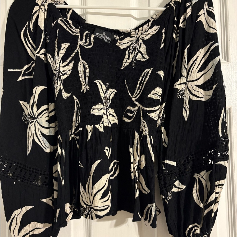 Angie Black and White Floral Blouse
